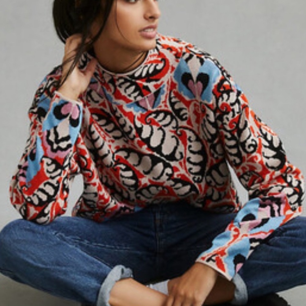Anthropologie Maeve Carys Mock Neck Sweater Red Blue Paisley Heart Boho Knit L
